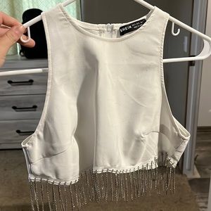 White crop top with dangle rhinestones